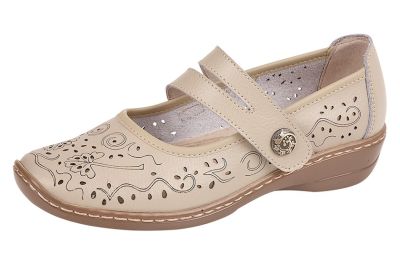 Boulevard L394 Ladies Leather Wide Fit Touch Fastening Perforated Bar Shoes L394BE