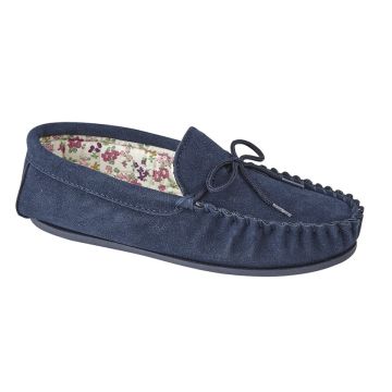 Ladies Mokkers Lily Real Suede Moccasin Floral Lined Slippers LS339NC