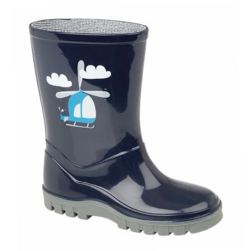 Kids StormWells HELICOPTER  Navy Blue  Grey Wellingtons Boots  W398CF