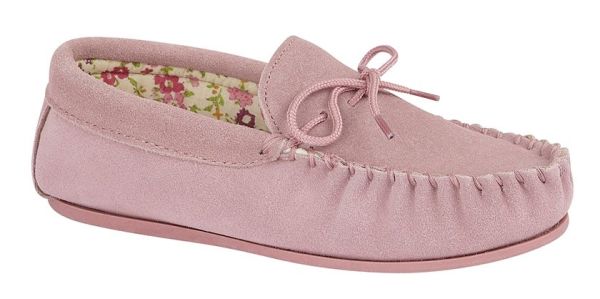 Ladies Mokkers Lily Real Suede Moccasin Floral Lined Slippers LS339PK